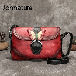 Borsa da donna in pelle di mucca retrò di primo strato Johnature 2024 nuove borse a tracolla per il tempo libero dipinte a mano Hasp piccola borsa a tracolla da donna