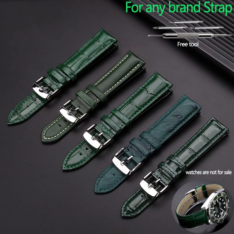 Moda verde derme pulseira de relógio 16 18 20 22mm para qualquer marca cinta homem ms couro macio borboleta fecho pulseira equipar com ferramenta