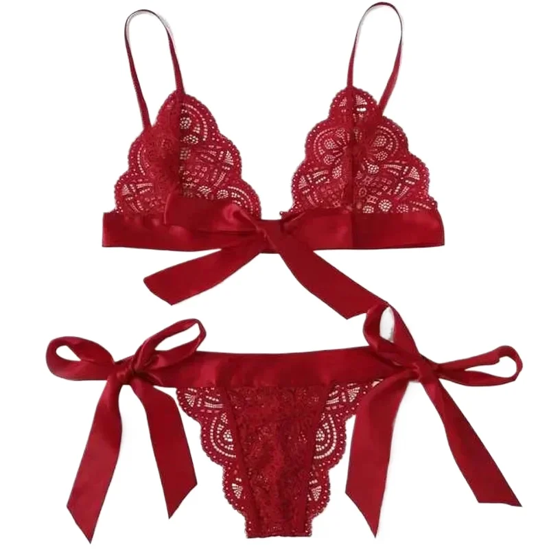 Sexy Set Lingerie 3-Point Hollowed Suit Split Cut Lace Bikini Sexy Lace Strap Style Three-point Erotic Lingerie Transparent Bra