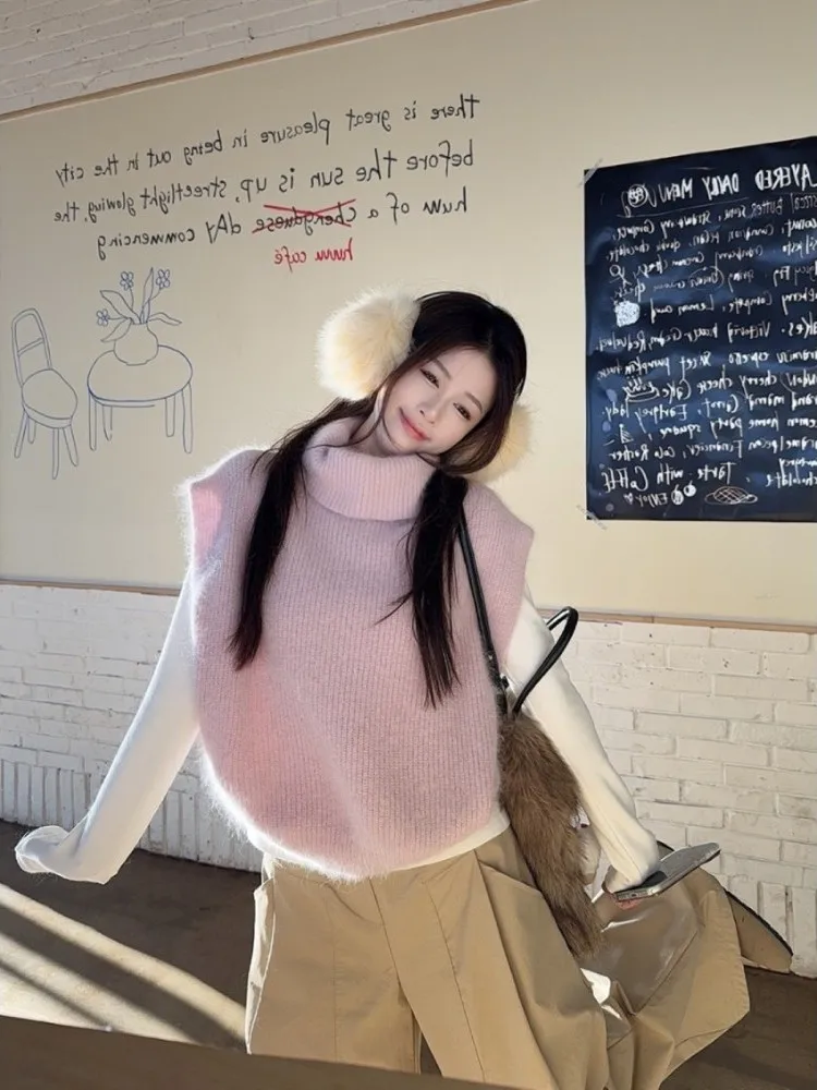 

Корейский свободный женский розовый вязаный свитер с высоким воротником, жилет, красивый топ на осень-зиму, повседневный мягкий полиэстер