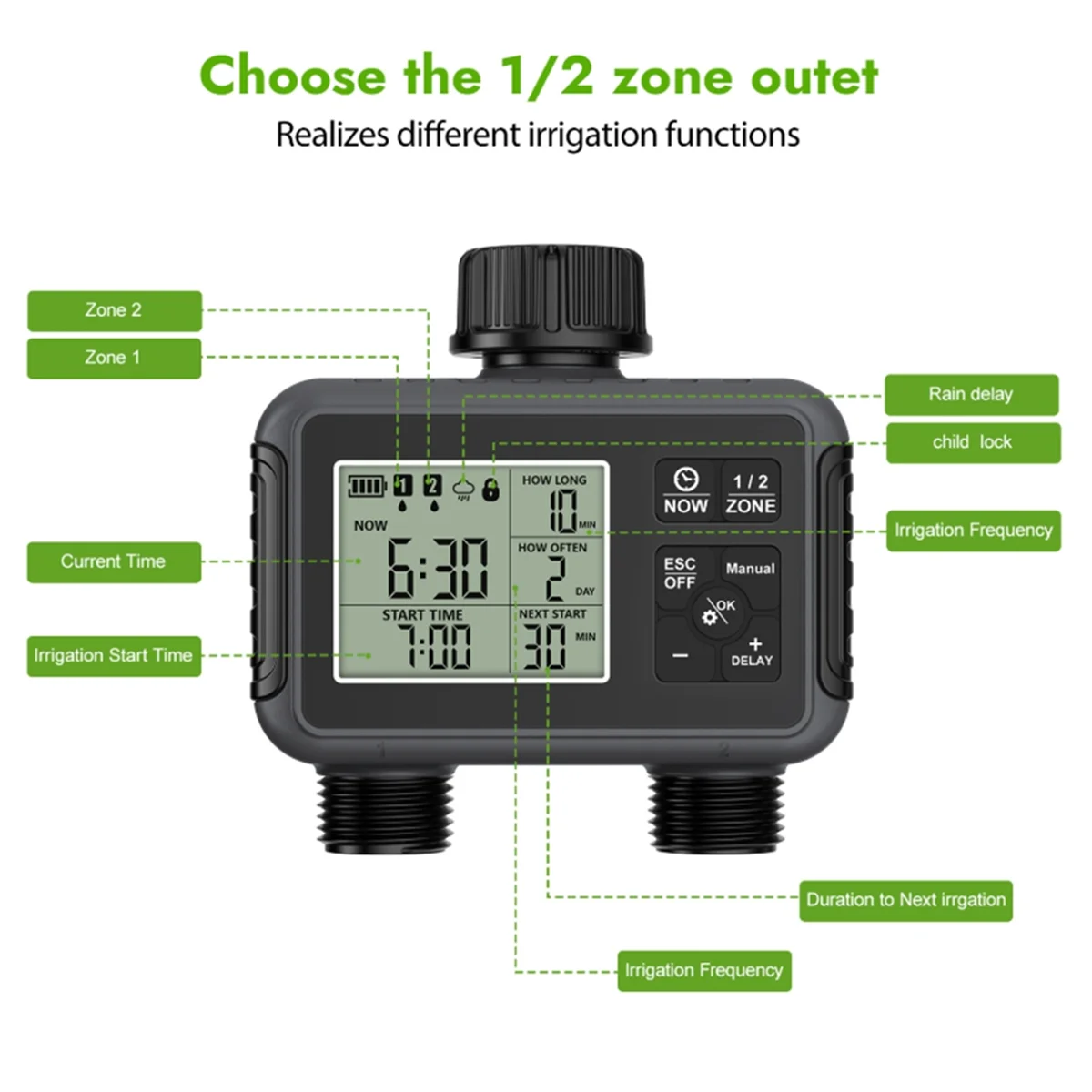 ABNJ Smart Water Timer Intelligent 2 Outlet Irrigation Watering System Sprinkler Timer Garden Programmer LCD Display