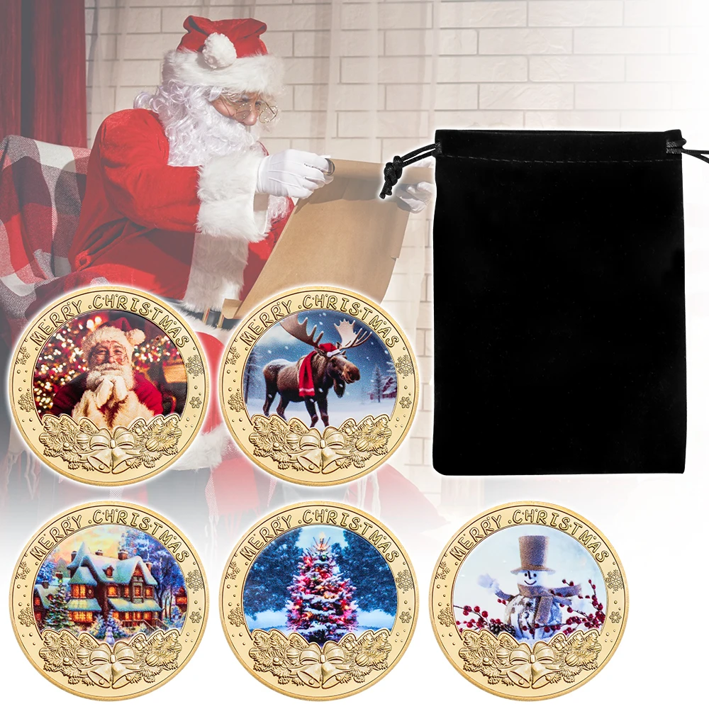 

5pcs Christmas Santa Claus Commemorative Coins Set in Bag Merry Christmas Souvenir Coins Christmas Party Gifts for Families Kids