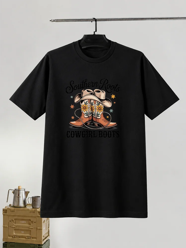 Vintage Cowboy Boot & Floral Graphic T-Shirt – Trendy Tee, Men's Gift, Casual Wear, 100% Cotton