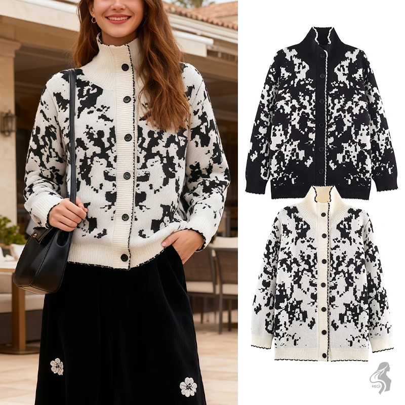

Womens Jacquard Knit Cardigan High Neck With Single Row Of Buttons Comfortable And Versatile Knitwear For Everyday Autumn Wear