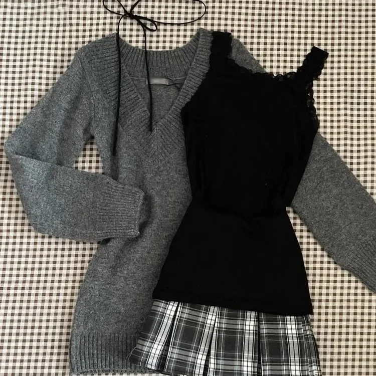 

Осенне-зимние вязаные костюмы, женские французские винтажные пуловеры с v-образным вырезом и длинными рукавами, тонкие сексуальные трикотажные изделия, эстетические комплекты свитеров Y2K