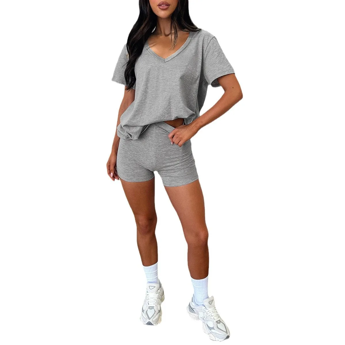 2025 الربيع والصيف الملابس النسائية Y2K تي شيرت رياضي غير رسمي الورك رفع والبطن ثلاث نقاط السراويل قطعتين مجموعة