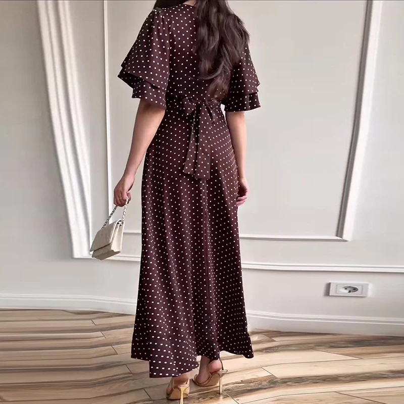 Fashion Polka Dots Print High Waist Long Dress Women's Elegant O Neck Slim A-Line Party Dress Summer Short Sleeve Bohemian Dress
