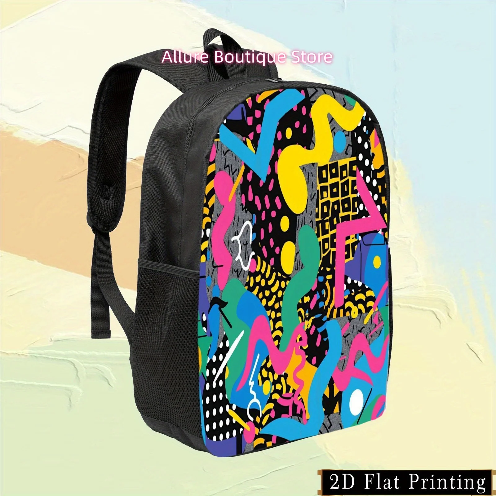 1pc Colorful Single-Sided Printed Student Backpack, Vibrant Geometric Pattern Print,  Hand-Wash Design, Zipper Closure, Shoulder