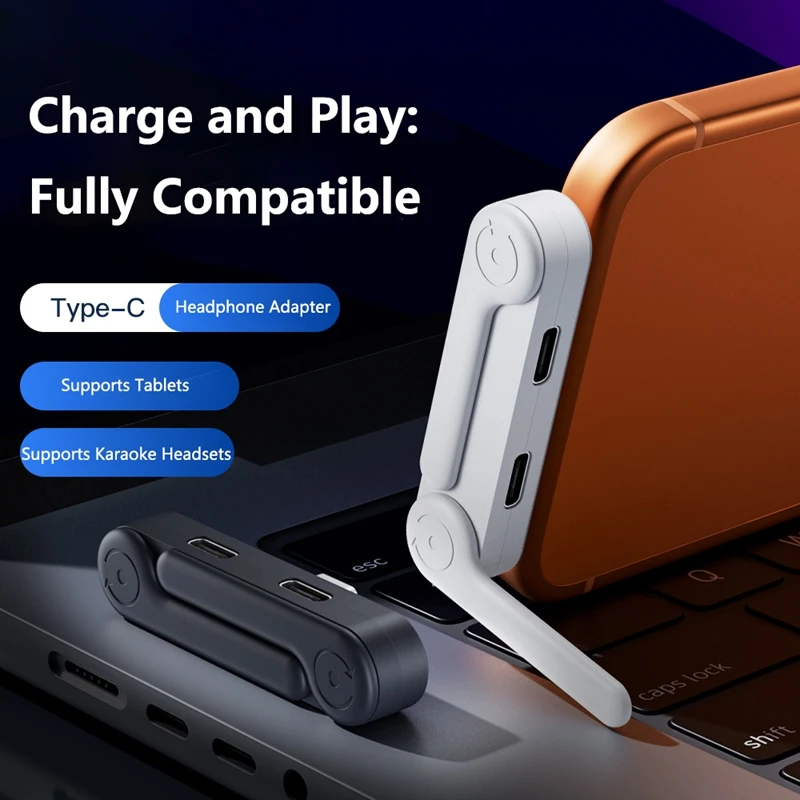 New Type C to 2 in 1 Charging Adapter with Foldable Phone Stand for iPhone 17 Huawei Samsung Phone Charger and Audio Converter