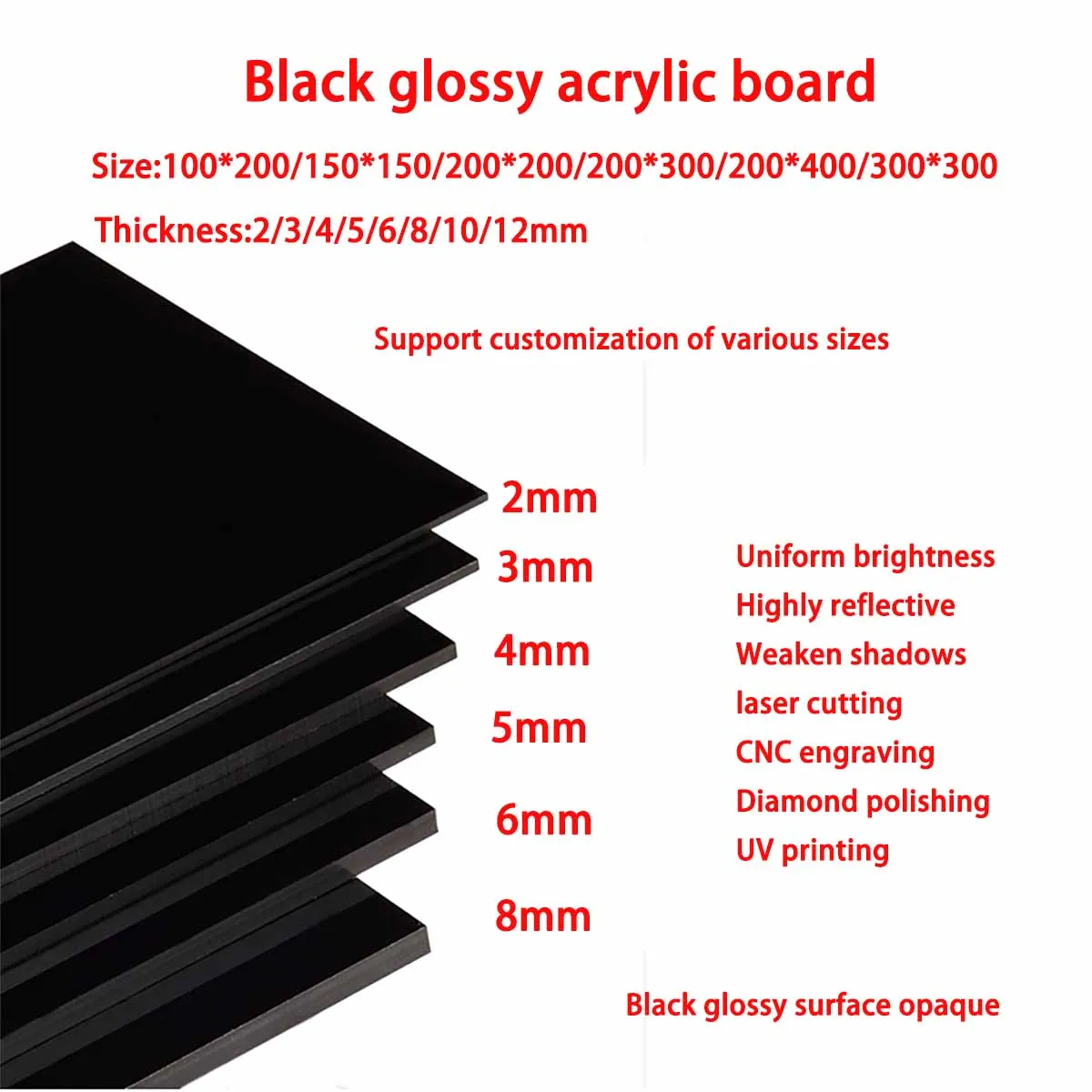Black Glossy Acrylic Panel Organic Plastic Panel Polymethyl Methacrylate, 2/3/4/5/6/8/10/12mm Thick