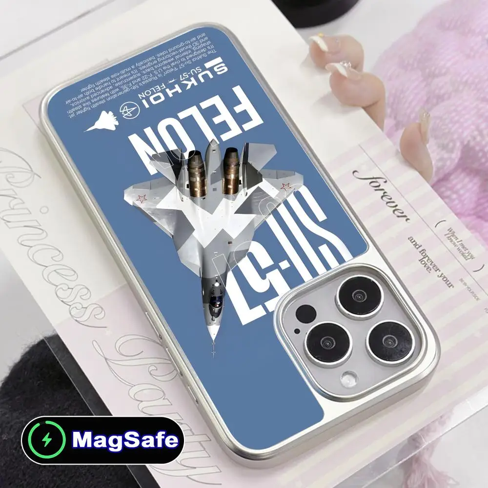 

Ftealth Fighter SU57 Silver Plating Magsafe Mobile Phone Case for iPhone 17 16 15 14 13 12 11 Air Pro Max Plus Colorful Cover