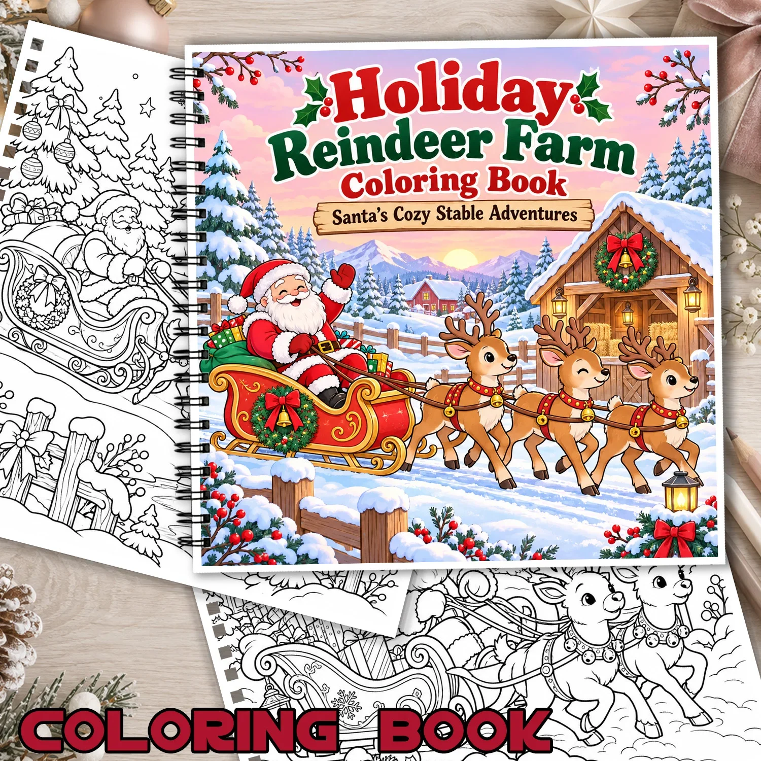 Holiday Reindeer Farm Theme Coloring Book Spiral Bound 24Pages Showcasing Creativity & Relieving Stress Design Relaxing Body Art