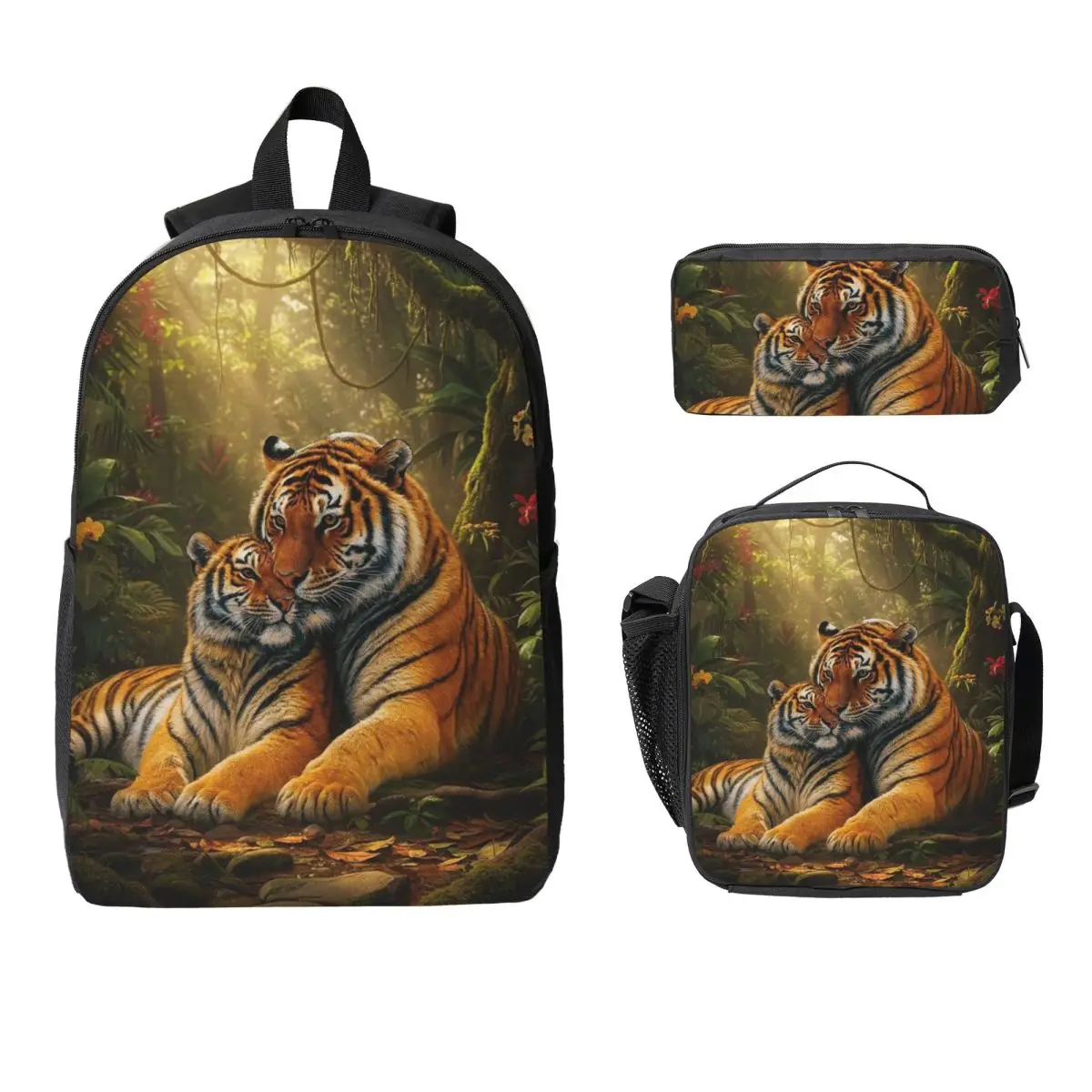 Tiger Lying In The Forest Pattern Backpack Student BookBag School Bag Computer Shoulder Bags 3ps Insulated Lunch Bag Pencil Case