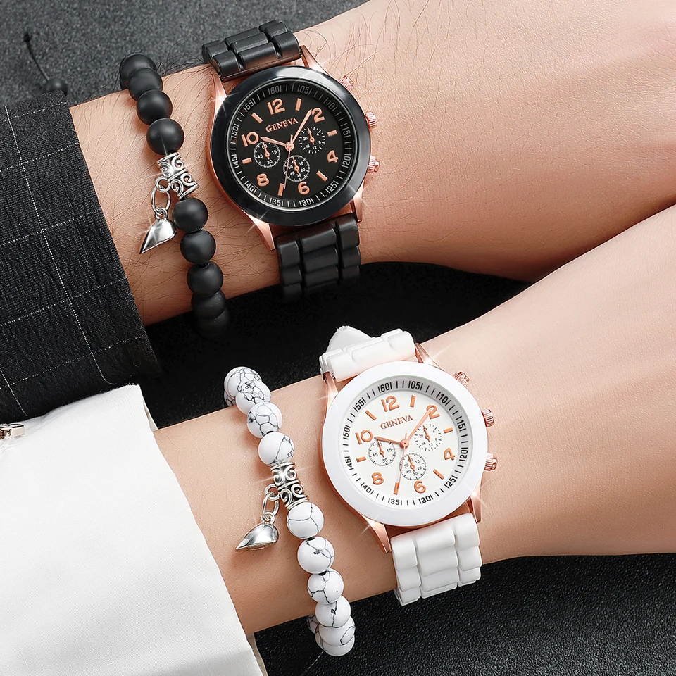 Geneva Couple Watches Silicone Band Quartz Magnetic Heart Beads Bracelets Set 4PCS/Set Couple main image 3