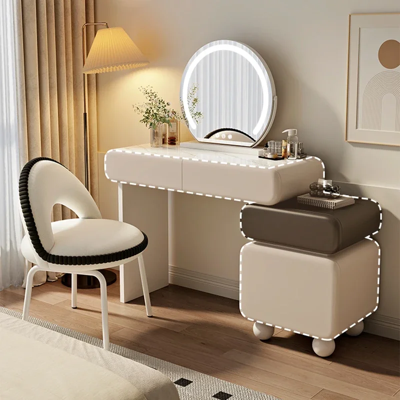Table de maquillage en bois blanc, tabouret d'appartement pour filles, meubles de chambre à coucher esthétiques