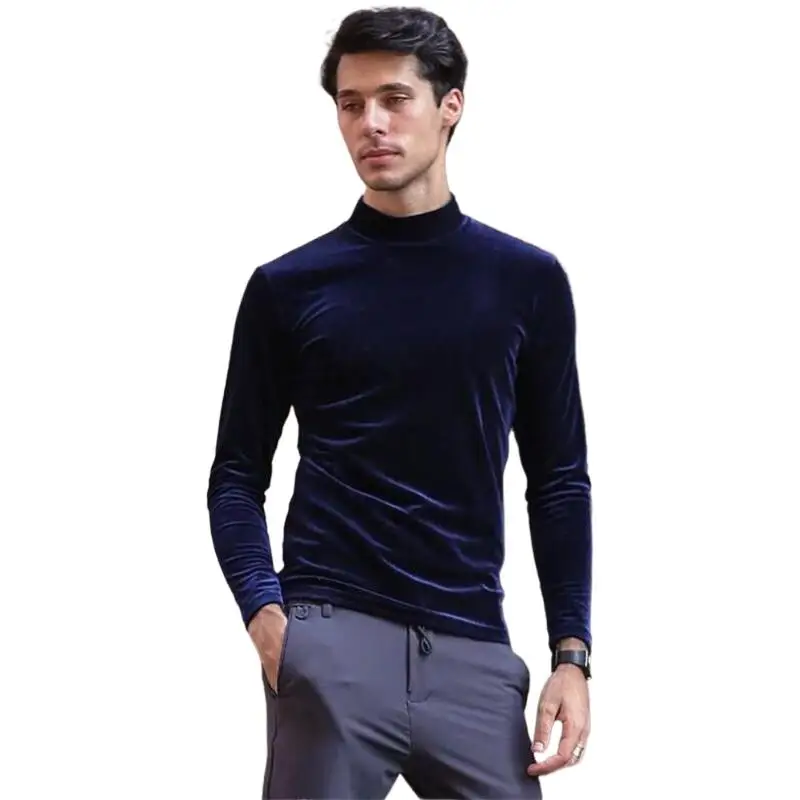 Spring Autumn New T-Shirt Men Gold Velvet Long Sleeve Turtleneck T Shirts 2024 Casual Slimming Fit Tee Shirt Plus Size M-6XL 7XL