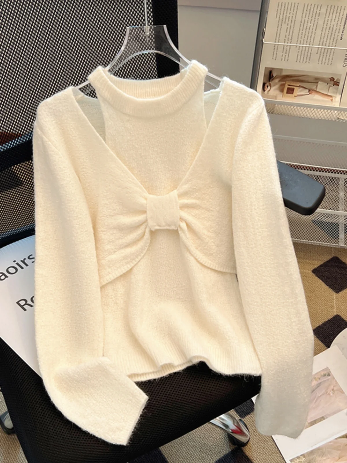 

Faionable Thiened вязаный свитер с узлом на плечах, женский топ Sweet Sle, обычный све, длинный круглый