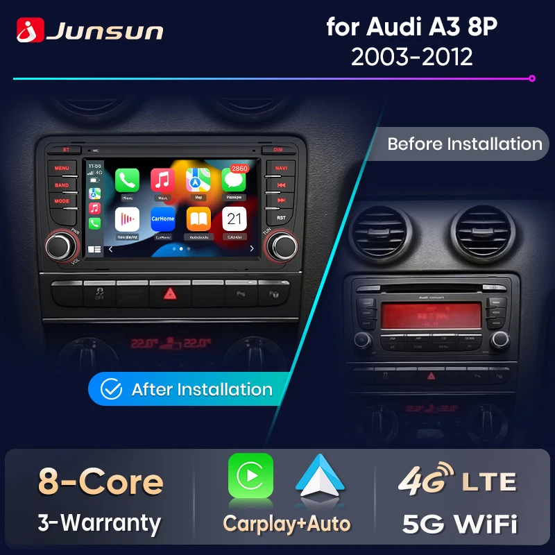 Junsun 7 Wireless CarPlay Android Auto Autoradio per Audi A3 8P S3 2003 2004 2005-2012 GPS Stereo Multimediale WiFi 4G 8core RDS