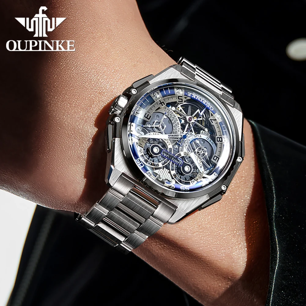 OUPINKE Men Watch Hollow Flywheel Dial Chronograph Date Year High Quality Tungsten steel Sapphire Mirror Mechanical Wrist watch