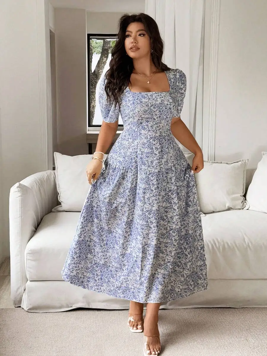 

Plus Size Women Spring Summer French Chic Square Neck Ruched A-Line Maxi Dress