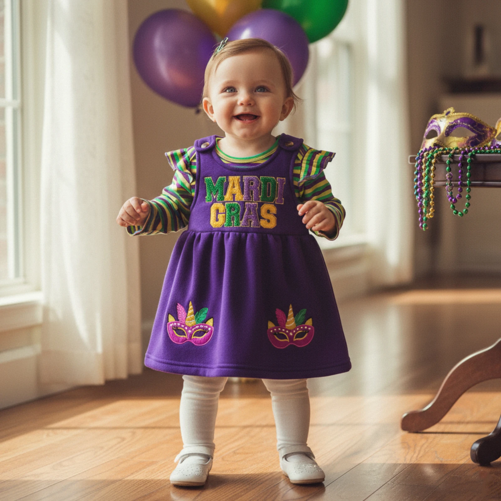 

Baby Girl MardiGras Outfit Striped Ruffled Trim Crew Neck Long Sleeve Romper and Embroidered A Line Dress 2 Pcs Set