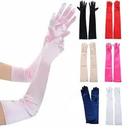 Gants de soirée en satin pour femmes, mitaines à doigts longs, documents solides, événements, activités, rouge, blanc, rose, 2024