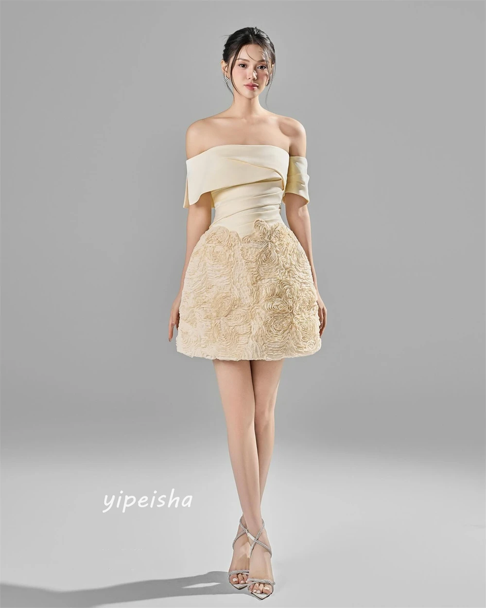 Jiayigong  Satin Pleat Formal Evening A-line Off-the-shoulder Bespoke Occasion  Knee Length