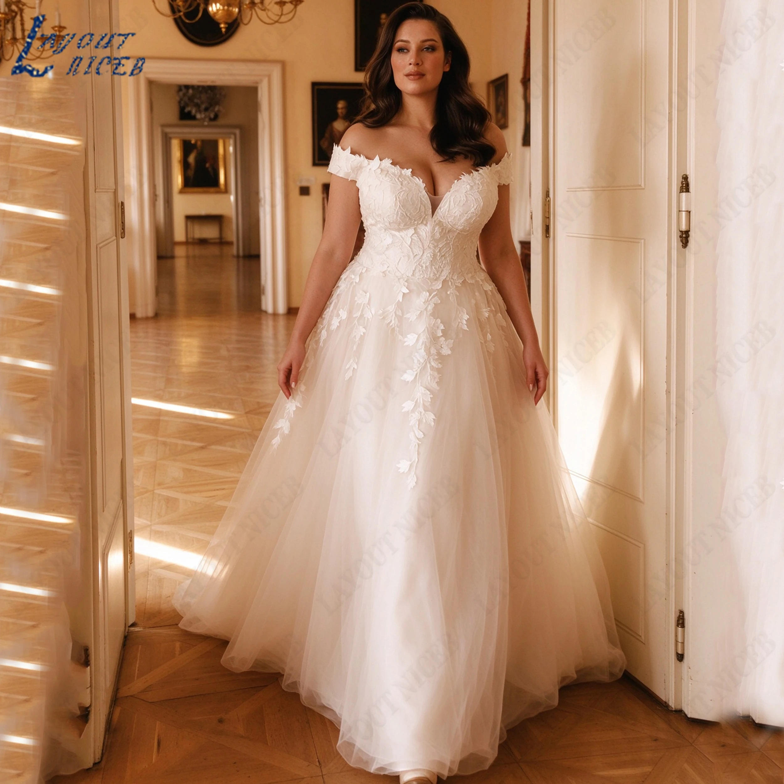 LAYOUT NICEB Customized Off The Shoulder A Line Wedding Dress 3D Applique Tulle Bridal Gown Plus Size Women Bridal Dresses