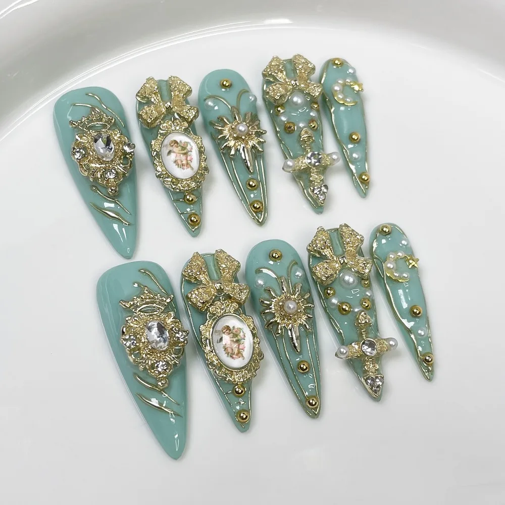 

10 шт., винтажные роскошные рамки в стиле барокко, ручная работа, пресс на ногтях, драгоценные камни, жемчуг, миниатюрные портретные медали, длинные кончики, накладные ногти