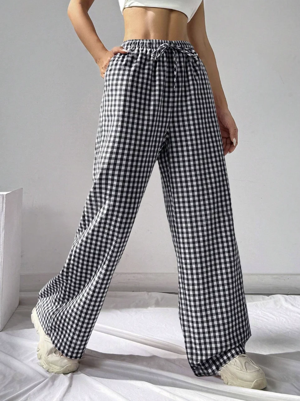 Women plaid elastic waistband with rope casual fashion elegant decoration Japanese Korean European and American decorativ