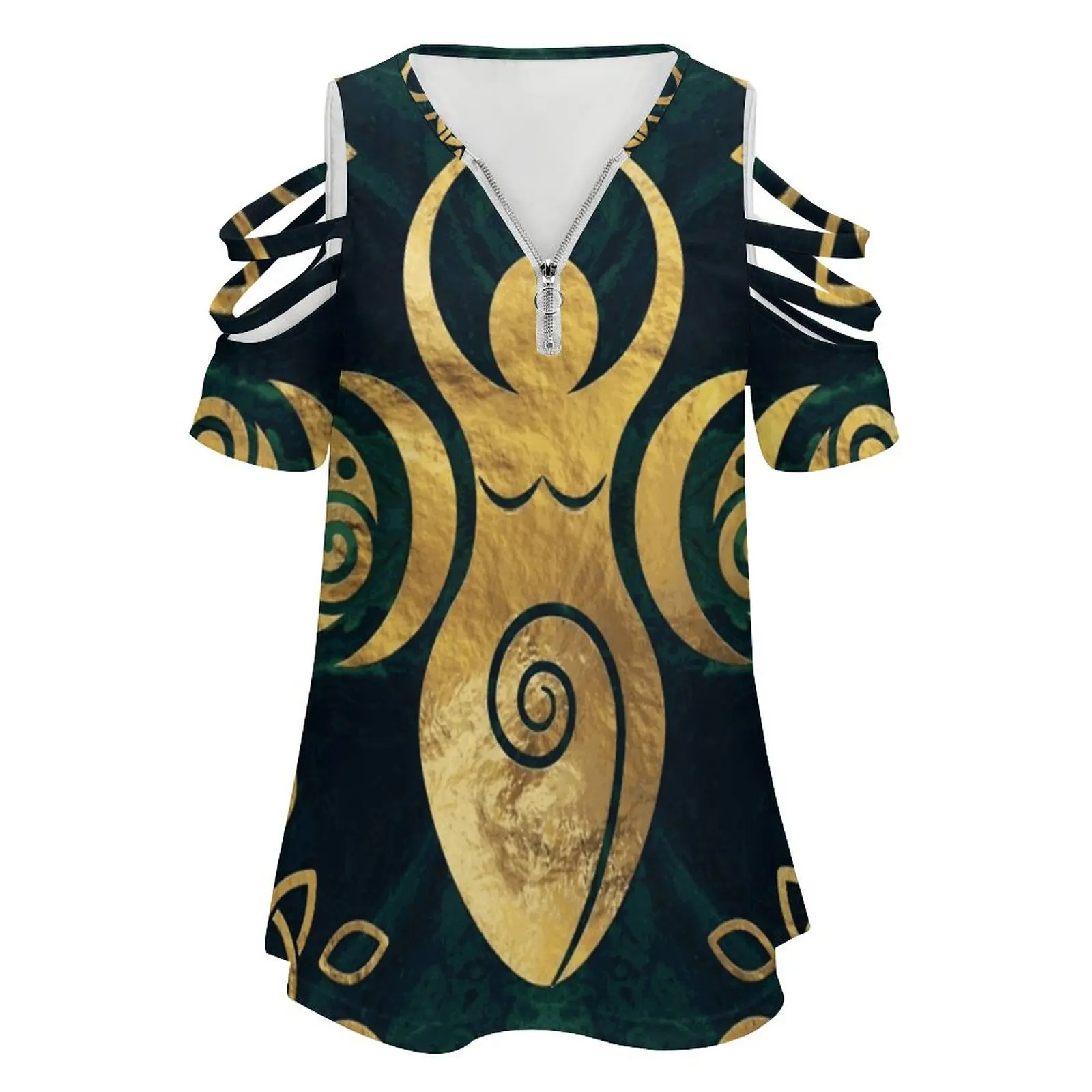 Triple Goddess With Triskele-Gold On Shimmer Green New Fashion Zip Off Shoulder Top Short-Sleeve Women Shirt Goddess Triple