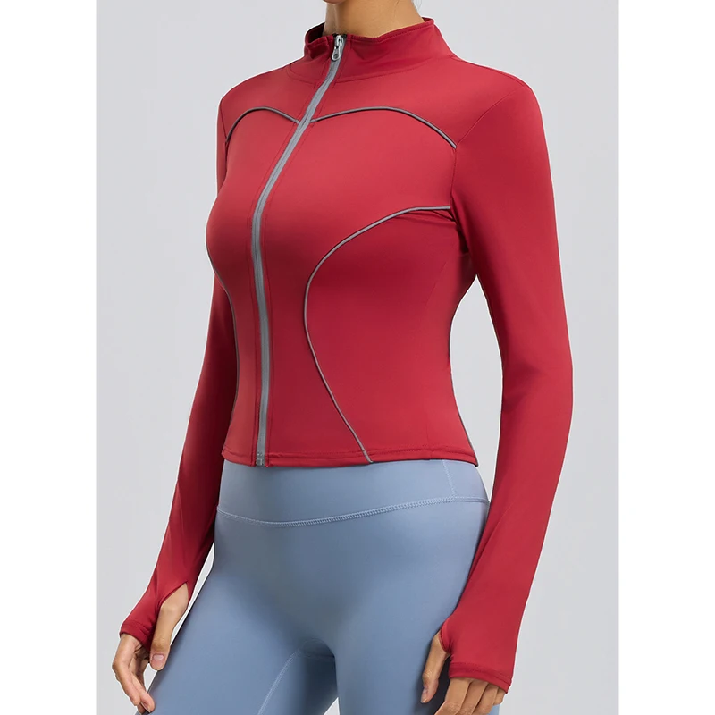 

Женская красная облегающая футболка для йоги с длинным рукавом на молнии, спортивная одежда в корейском стиле, повседневный укороченный топ для фитнеса, спортзала, тенниса