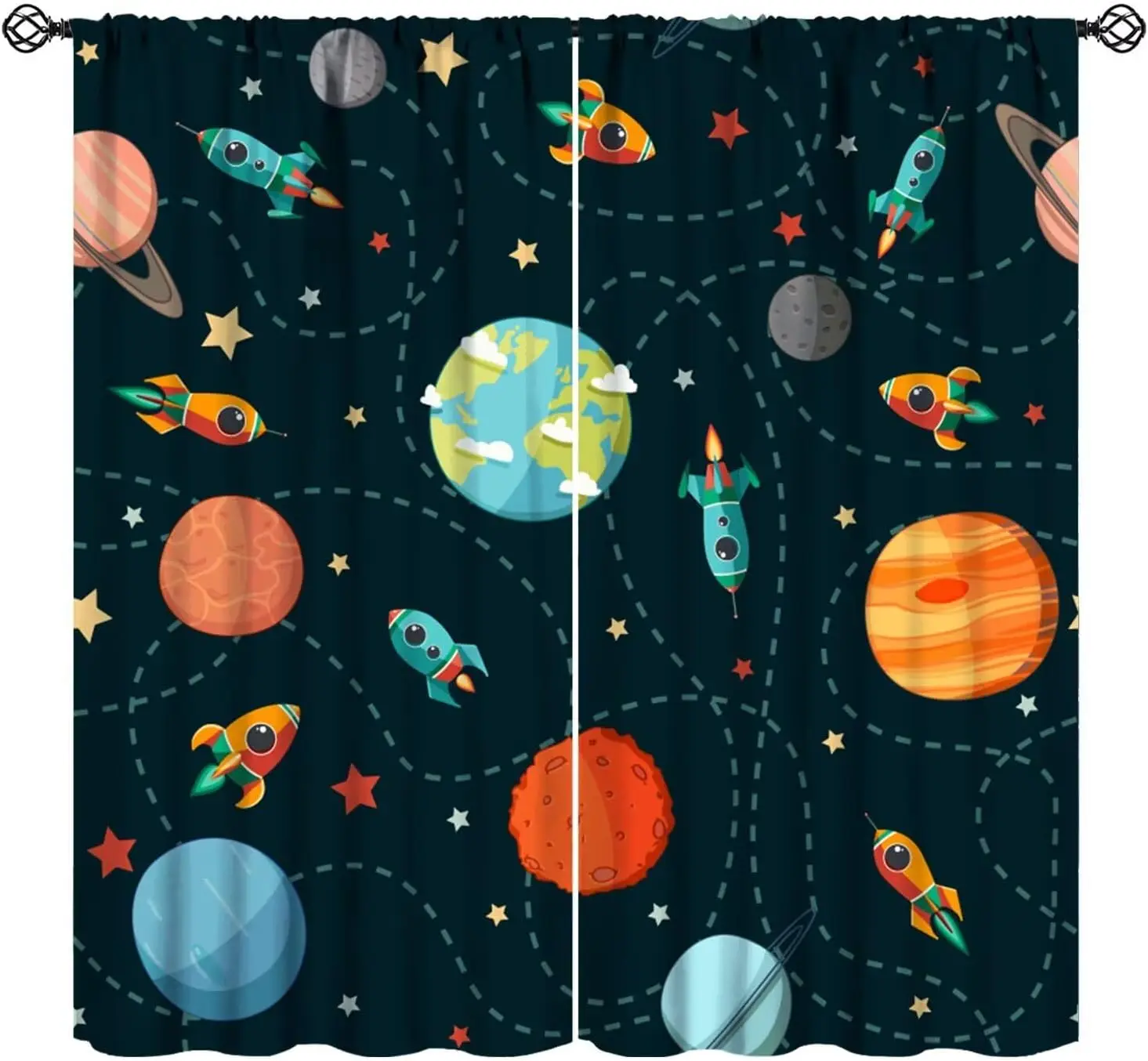 Cartoon Spaceship Curtains for Kids Room, Outer Space Planets Rockets Stars Print Rod Pocket Window Curtains for Boys Bedroom
