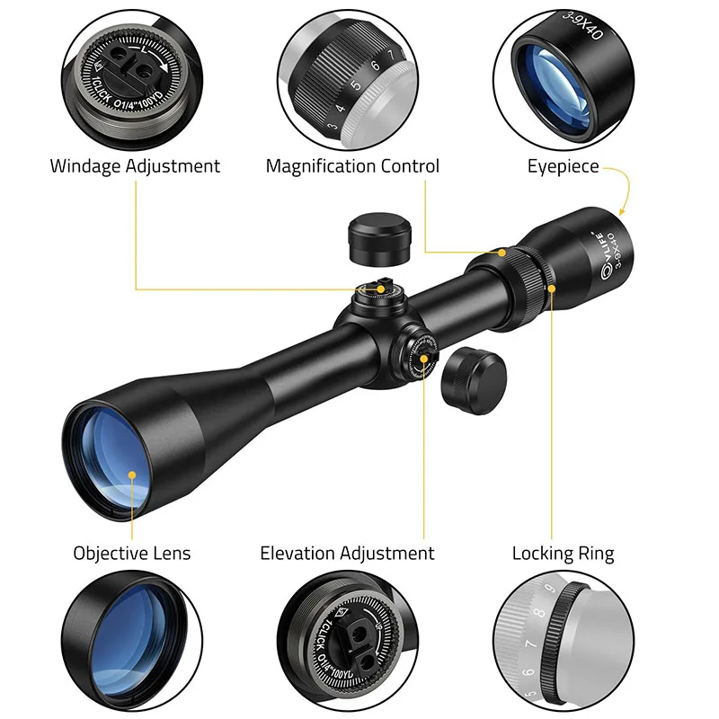 Riflescope 3-9x40 S Scope R4 Mil-Dot Scope with 2PCS 20mm Rings Free Mounts Lens Cloth Sunshade Caps Reflex Optics