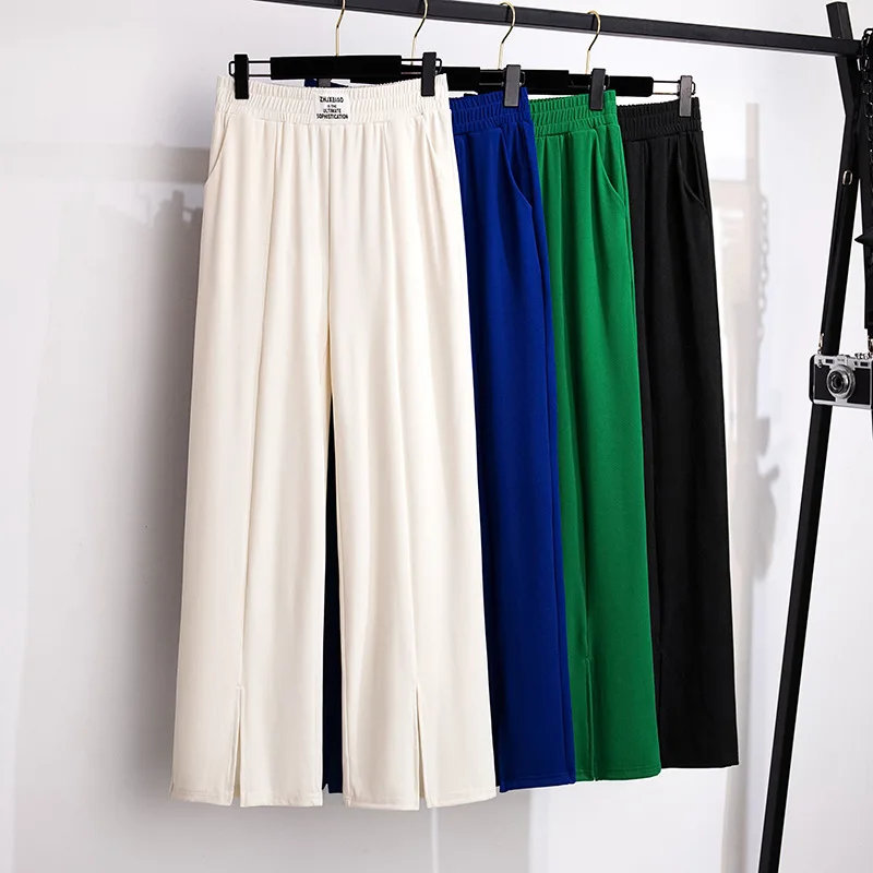 100/150kg  Big Size Straight Pants Women\'s Show Thin Summer High Waist Split Pants Oversized Loose Ice Silk Pants 5XL 6XL 7XL