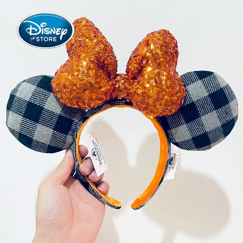 Disney Mickey Fabric Checkered Ears Headband Cosplay Girl Party Hair Band Minnie Ear Headband With Sequins Big Bow Birthday Gift