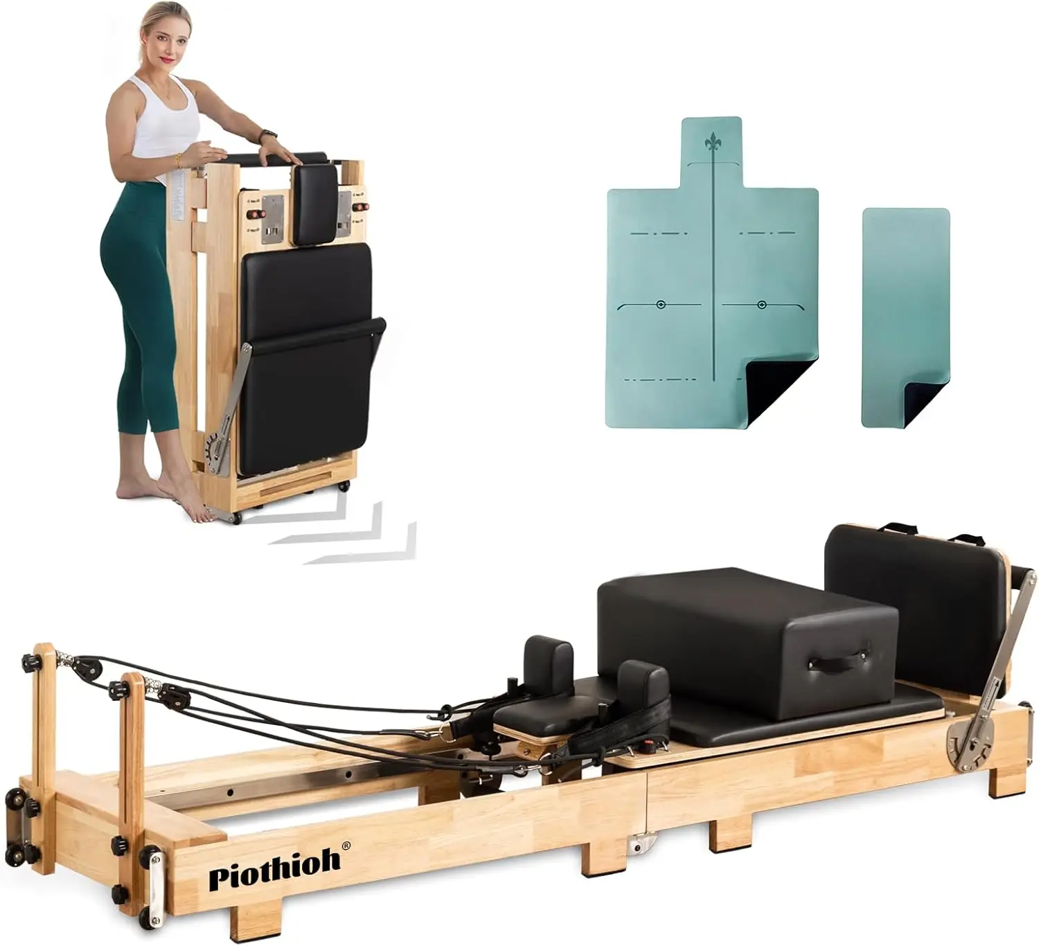 Pilates Reformer Machine, Portable Pilates Reformer Wood Foldable Bed Yoga Exercise Strength Training Foldable Equipment