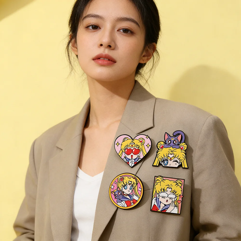 4 Pcs Sailor Moon Heart Shape Enamel Pins Cartoon Brooch Creativity Metal Badges for Backpack Clothing Jewelry Holiday Gift