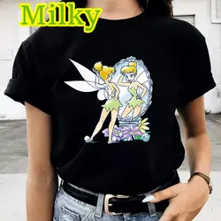 Tinker Bell Print Women's T-shirts Summer Fashion Cartoon Anime Fairy Tale Graphic Tee Shirt Oversized Cute Girl Clothes Tops