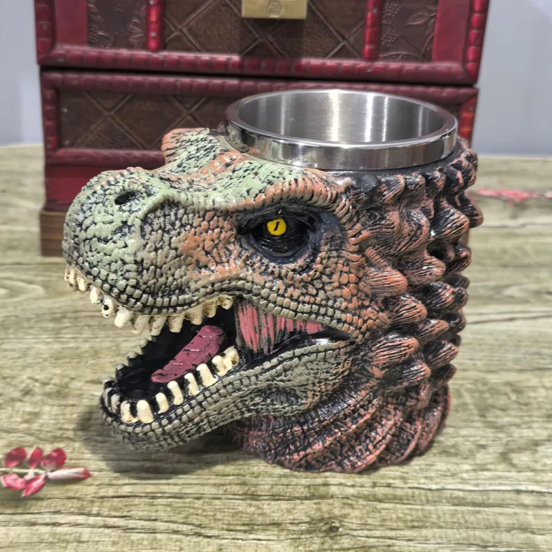 الإبداعية ديناصور القدح ثلاثية الأبعاد الديناصور ريكس الراتنج كوب مع بطانة من الفولاذ المقاوم للصدأ الجدة الجوراسي المنزل المطبخ زخارف للحانات