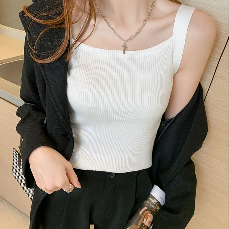 

Clothes for Women Tank Top Women Fashion Sleeveless Square Collar White Black Knitted Tanks Camis Women Tops Ropa De Mujer Q2220