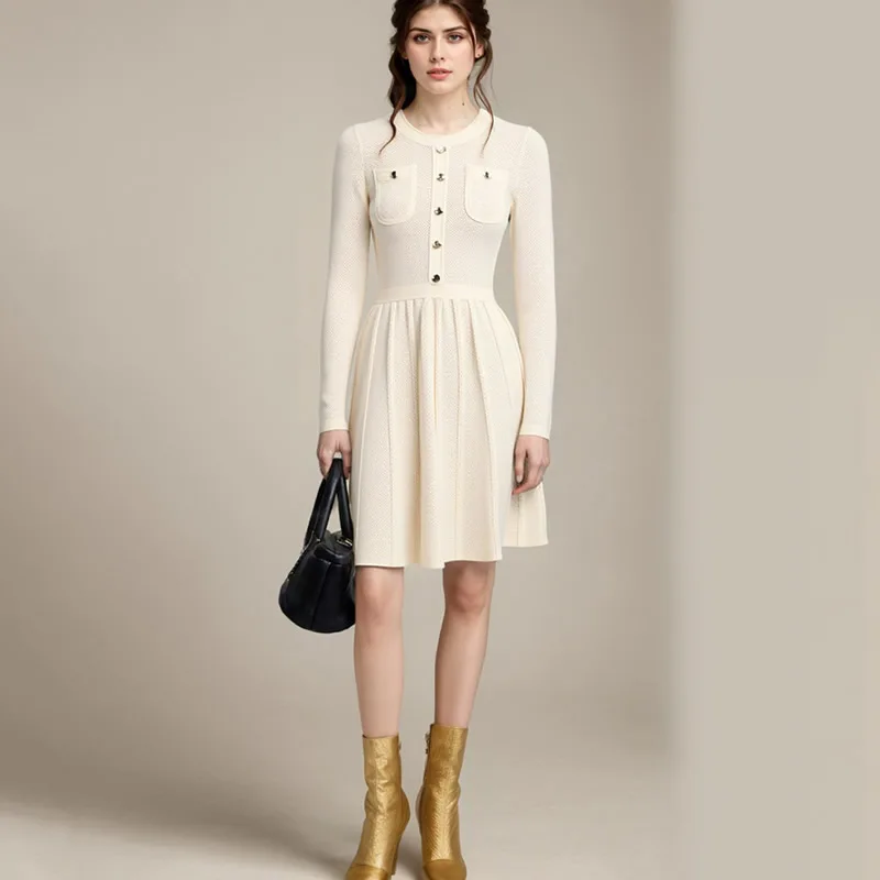 

Heavy knitted cotton women Jersey dress long sleeve O-neck OL work dresses