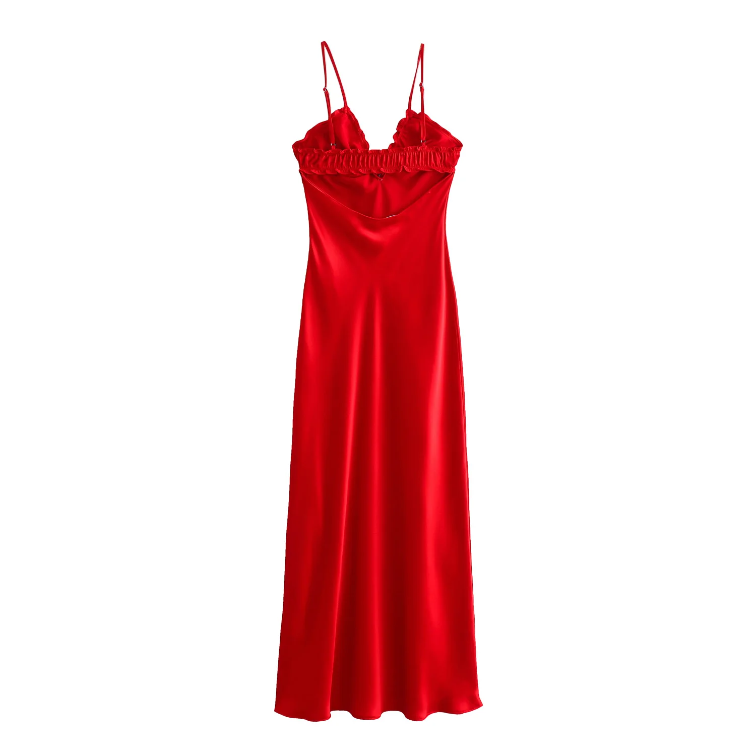 Tangada 2024 Women Red Backless Satin Dress Sleeveless Sexy Ladies Ruffles Long Dress PS019