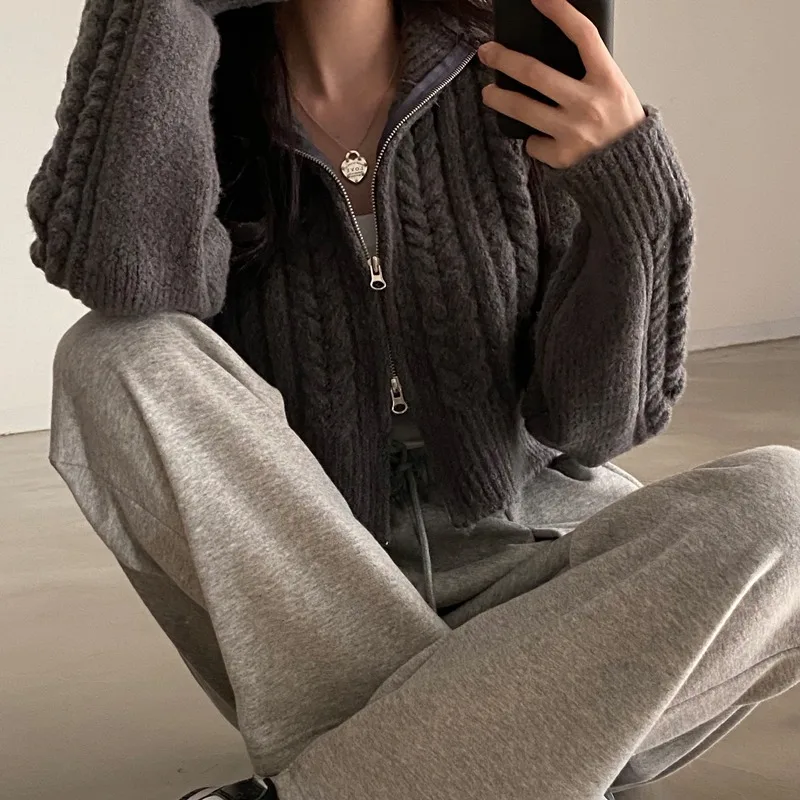 شيك المرأة محبوك سستة سترة معطف ort طويل Sve فضفاض صالح الخريف الشتاء خمر تويست الجزرة المفتوحة سترة علوية