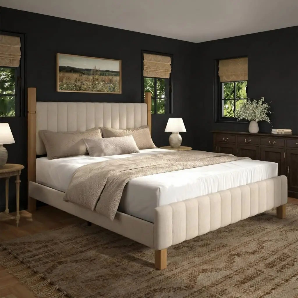 Queen Bed Frame with Headboard, Solid Wood Bed Frame Queen Size, Platform Bedframe Noise Free, No Box Spring Needed, Beige Linen