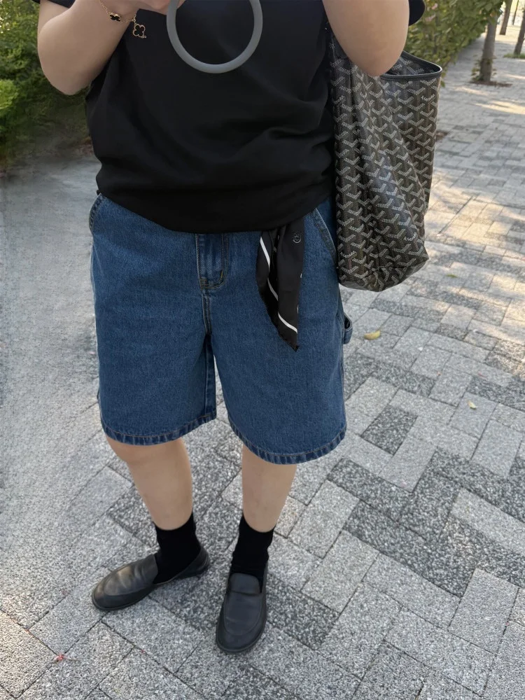 

Повседневные хлопковые рабочие джинсы-шорты Elielim средней длины, женская летняя верхняя одежда, джинсы-бермуды синего цвета свободного кроя