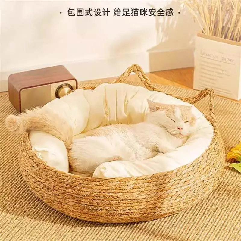 YOKEE-Four Season Rattan Cat Bed, Cat Scratching Board, Washable Litter Woven Removable Cushion, Sleeping House, Cat Accessories