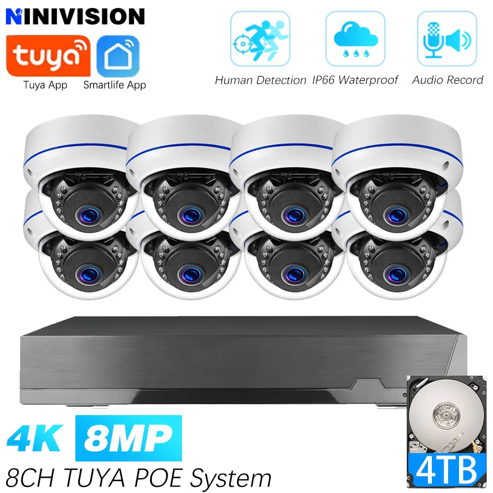 

Tuya Smart life Home 4K 8CH POE NVR Network Video Surveillance System NVR Recorder 8MP Dome Audio Recording Security Ip Camera
