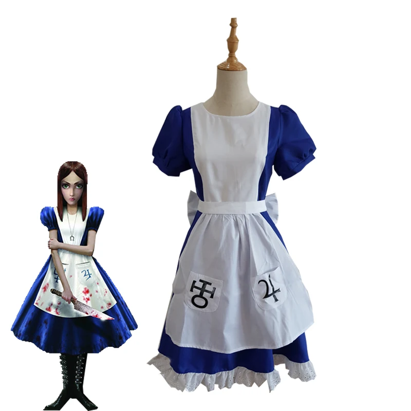 Game Alice Madness Retourneert Cosplay Kostuum Halloween Carnaval Uniformen Blauwe Meid Outfit Schort Jurk