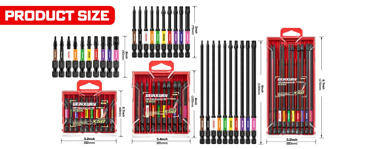 Geinxurn 2/3/6 Zoll T7-T40 TORX Schlagschrauber-Bits mit Mechanischem Koffer, S2-Stahl, für Autoreparatur und Heimgebrauch – Detail 1